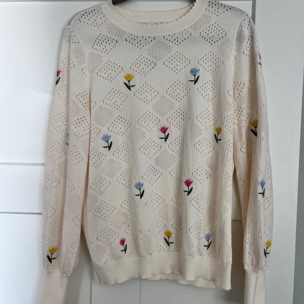 LOFT Cream Sweater with Floral Details